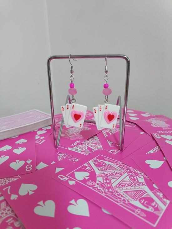 Jewelry - Pink Heart Playing Card Dangle Earrings Handmade